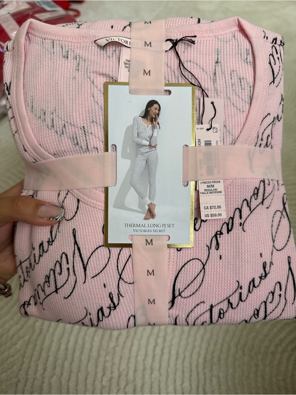 Victoria's Secret Pink Thermal Long PJ Set with Black Script